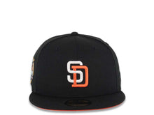 Load image into Gallery viewer, (Youth) San Diego Padres New Era MLB 59FIFTY 5950 Kid Fitted Cap Hat Black Crown/Visor White/Orange Logo 40th Anniversary Side Patch Orange UV