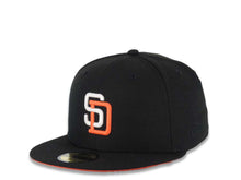 Load image into Gallery viewer, (Youth) San Diego Padres New Era MLB 59FIFTY 5950 Kid Fitted Cap Hat Black Crown/Visor White/Orange Logo 40th Anniversary Side Patch Orange UV
