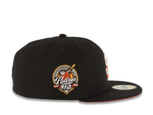 Load image into Gallery viewer, (Youth) San Diego Padres New Era MLB 59FIFTY 5950 Kid Fitted Cap Hat Black Crown/Visor White/Orange Logo 40th Anniversary Side Patch Orange UV