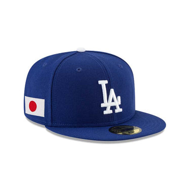 Los Angeles Dodgers New Era MLB 59FIFTY 5950 Fitted Cap Hat Royal Blue Crown/Visor White Logo Japan Flag Side Patch