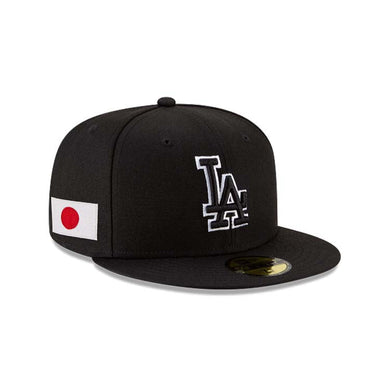 Los Angeles Dodgers New Era MLB 59FIFTY 5950 Fitted Cap Hat Black Crown/Visor Black/White Logo Japan Flag Side Patch