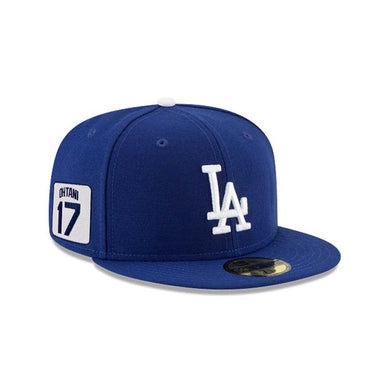 Los Angeles Dodgers New Era MLB 59FIFTY 5950 Fitted Cap Hat Royal Blue Crown/Visor White Logo Shohei Ohtani 17 Side Patch