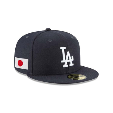 Los Angeles Dodgers New Era MLB 59FIFTY 5950 Fitted Cap Hat Dark Navy Blue Crown/Visor White Logo Japan Flag Side Patch