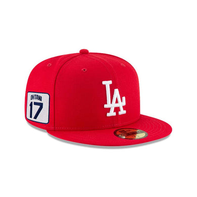 Los Angeles Dodgers New Era MLB 59FIFTY 5950 Fitted Cap Hat Red Crown/Visor White Logo Shohei Ohtani 17 Side Patch