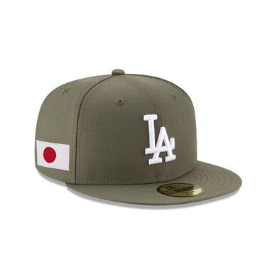 Los Angeles Dodgers New Era MLB 59FIFTY 5950 Fitted Cap Hat Olive Green Crown/Visor White Logo Japan Flag Side Patch
