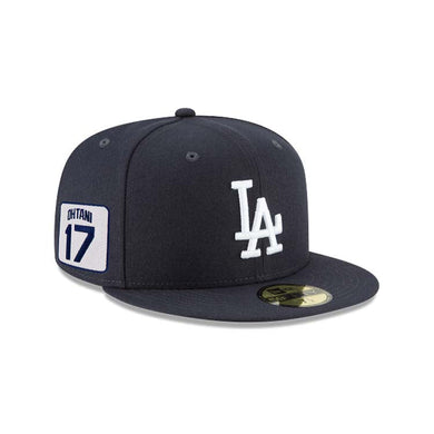 Los Angeles Dodgers New Era MLB 59FIFTY 5950 Fitted Cap Hat Navy Blue Crown/Visor White Logo Shohei Ohtani 17 Side Patch