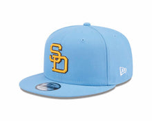 Load image into Gallery viewer, San Diego Padres New Era MLB 9FIFTY 950 Snapback Cap Hat Sky Blue Crown/Visor Yellow/Brown Retro Cooperstown Logo