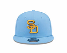 Load image into Gallery viewer, San Diego Padres New Era MLB 9FIFTY 950 Snapback Cap Hat Sky Blue Crown/Visor Yellow/Brown Retro Cooperstown Logo