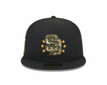 Load image into Gallery viewer, San Diego Padres New Era MLB 59FIFTY 5950 Fitted Cap Hat Black Crown/Visor Camo Logo (2024 Armed Forces Day) Olive Green UV