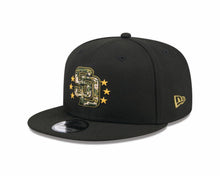 Load image into Gallery viewer, San Diego Padres New Era MLB 9FIFTY 950 Snapback Cap Hat Black Crown/Visor Camo Logo (2024 Armed Forces Day Camo Olive Green UC