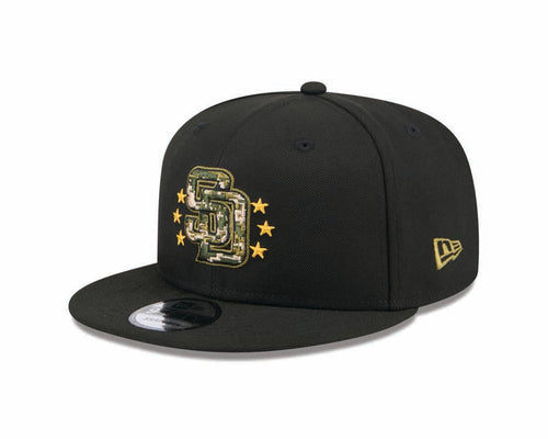 San Diego Padres New Era MLB 9FIFTY 950 Snapback Cap Hat Black Crown/Visor Camo Logo (2024 Armed Forces Day Camo Olive Green UC