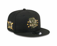 Load image into Gallery viewer, San Diego Padres New Era MLB 9FIFTY 950 Snapback Cap Hat Black Crown/Visor Camo Logo (2024 Armed Forces Day Camo Olive Green UC