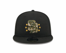 Load image into Gallery viewer, San Diego Padres New Era MLB 9FIFTY 950 Snapback Cap Hat Black Crown/Visor Camo Logo (2024 Armed Forces Day Camo Olive Green UC