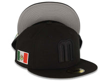 Load image into Gallery viewer, Mexico New Era WBC 59FIFTY 5950 Fitted Cap Hat Black Crown/Visor Black Logo Mexico Flag Side Patch Gray UV