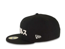 Load image into Gallery viewer, Los Angeles Dodgers New Era MLB 59FIFTY 5950 Fitted Cap Hat Black Crown/Visor Japanese White Text Logo Japan Flag Side Patch Gray UV