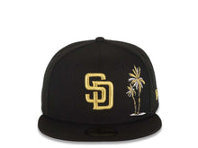 Load image into Gallery viewer, San Diego Padres New Era MLB 59FIFTY 5950 Fitted Cap Hat Black Crown/Visor Metallic Gold Logo With Palm Tree Gray UV