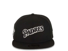 Load image into Gallery viewer, San Diego Padres New Era MLB 59FIFTY 5950 Fitted Cap Hat Black Crown/Visor Black/White Script Logo 1998 World Series Side Patch Gray UV