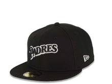 Load image into Gallery viewer, San Diego Padres New Era MLB 59FIFTY 5950 Fitted Cap Hat Black Crown/Visor Black/White Script Logo 1998 World Series Side Patch Gray UV