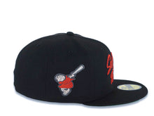 Load image into Gallery viewer, San Diego Padres New Era MLB 59FIFTY 5950 Fitted Cap Hat Black Crown/Visor Metallic Red Script Logo Swinging Friar Side Patch Green UV