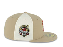Load image into Gallery viewer, San Diego Padres New Era MLB 59FIFTY 5950 Fitted Cap Khaki/Cream Alternating Panel Crown Khaki Visor Metallic Red Logo 40th Anniversary Side Patch