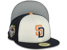 Load image into Gallery viewer, San Diego Padres New Era MLB 59FIFTY 5950 Fitted Cap Hat Cream/Navy Blue Crown Navy Blue Visor Orange/Navy Blue Logo 40th Anniversary Side Patch