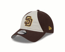 Load image into Gallery viewer, San Diego Padres New Era MLB 9TWENTY 920 Adjustable Cap Hat White/Brown Crown Brown Visor Brown/Yellow Logo (2024 Batting Practice)