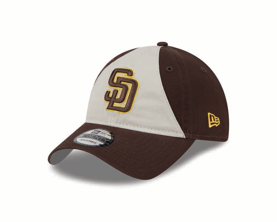 San Diego Padres New Era MLB 9TWENTY 920 Adjustable Cap Hat White/Brown Crown Brown Visor Brown/Yellow Logo (2024 Batting Practice)