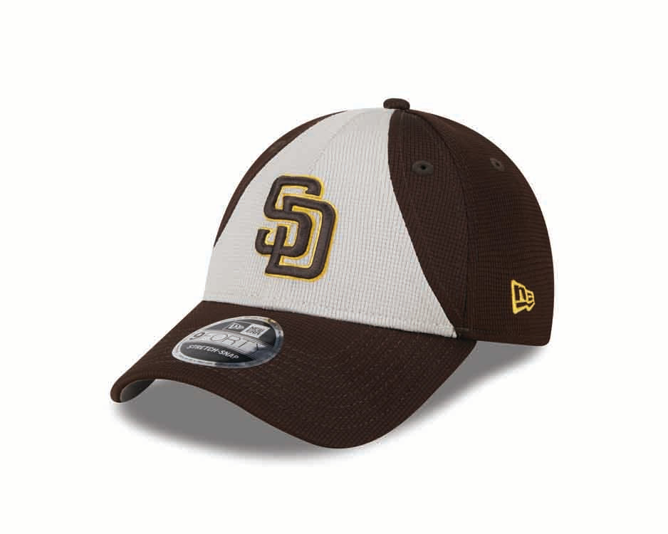 San Diego Padres New Era MLB 9FORTY 940 Adjustable Stretch Snapback Cap Hat White/Brown Crown Brown Visor Brown/Yellow Logo (2024 Batting Practice)