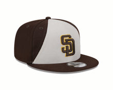 Load image into Gallery viewer, San Diego Padres New Era MLB 9FIFTY 950 Snapback Cap Hat White/Brown Crown Brown Visor Brown/Yellow Logo (2024 Batting Practice)