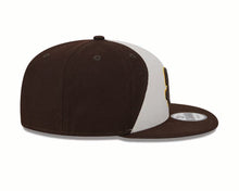Load image into Gallery viewer, San Diego Padres New Era MLB 9FIFTY 950 Snapback Cap Hat White/Brown Crown Brown Visor Brown/Yellow Logo (2024 Batting Practice)