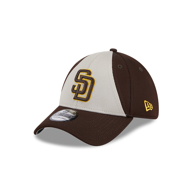 San Diego Padres New Era MLB 39THIRTY 3930 Flexfit Cap Hat White/Brown Crown Brown Visor Brown/Yellow Logo (2024 Batting Practice)