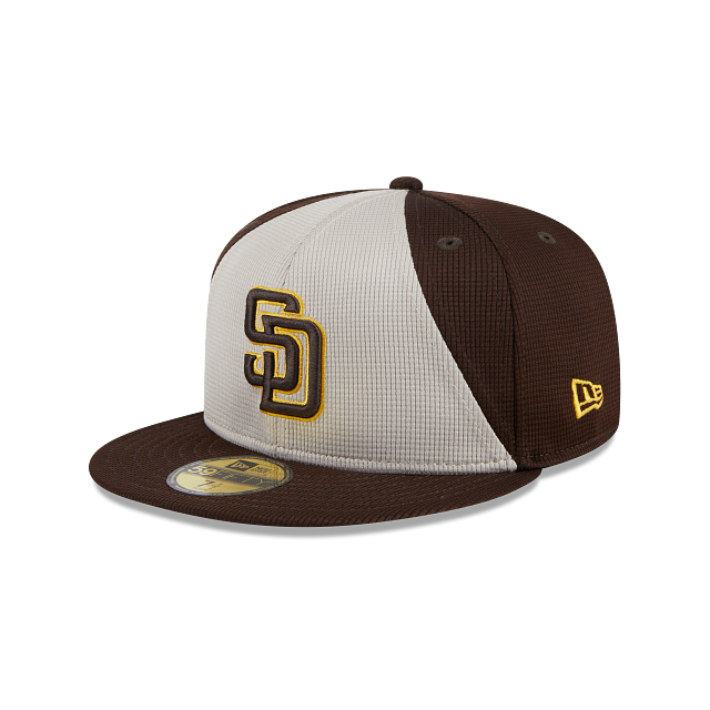San Diego Padres New Era MLB 59FIFTY 5950 Fitted Cap Hat White/Brown Crown Brown Visor Brown/Yellow Logo (2024 Batting Practice)