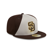 Load image into Gallery viewer, San Diego Padres New Era MLB 59FIFTY 5950 Fitted Cap Hat White/Brown Crown Brown Visor Brown/Yellow Logo (2024 Batting Practice)
