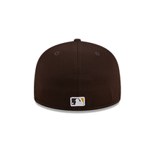 Load image into Gallery viewer, San Diego Padres New Era MLB 59FIFTY 5950 Fitted Cap Hat White/Brown Crown Brown Visor Brown/Yellow Logo (2024 Batting Practice)
