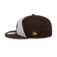 Load image into Gallery viewer, San Diego Padres New Era MLB 59FIFTY 5950 Fitted Cap Hat White/Brown Crown Brown Visor Brown/Yellow Logo (2024 Batting Practice)