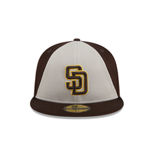 Load image into Gallery viewer, (Youth) San Diego Padres New Era MLB 59FIFTY 5950 Kid Fitted Cap Hat White/Brown Crown Brown Visor Brown/Yellow Logo (2024 Batting Practice)
