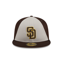 Load image into Gallery viewer, (Youth) San Diego Padres New Era MLB 59FIFTY 5950 Kid Fitted Cap Hat White/Brown Crown Brown Visor Brown/Yellow Logo (2024 Batting Practice)