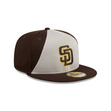 Load image into Gallery viewer, (Youth) San Diego Padres New Era MLB 59FIFTY 5950 Kid Fitted Cap Hat White/Brown Crown Brown Visor Brown/Yellow Logo (2024 Batting Practice)