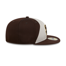 Load image into Gallery viewer, (Youth) San Diego Padres New Era MLB 59FIFTY 5950 Kid Fitted Cap Hat White/Brown Crown Brown Visor Brown/Yellow Logo (2024 Batting Practice)