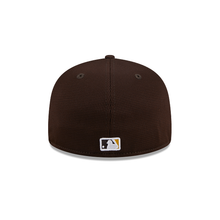 Load image into Gallery viewer, (Youth) San Diego Padres New Era MLB 59FIFTY 5950 Kid Fitted Cap Hat White/Brown Crown Brown Visor Brown/Yellow Logo (2024 Batting Practice)