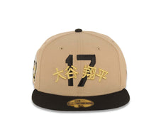 Load image into Gallery viewer, Los Angeles Dodgers New Era MLB 59FIFTY 5950 Fitted Cap Hat Khaki Crown Black Visor Black/Metallic Gold Shohei Ohtani 17 Logo Shohei Ohtani Side Patch