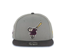 Load image into Gallery viewer, San Diego Padres New Era MLB 9FIFTY 950 Snapback Cap Hat Gray Crown Dark Gray Visor Maroon Logo 1998 World Series Side Patch Maroon UV