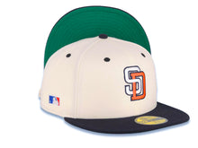 Load image into Gallery viewer, San Diego Padres New Era 59FIFTY 5950 Fitted Cap Hat Cream Crown Navy Blue Visor White/Orange Logo MLB Batterman Batty Side Patch Green UV