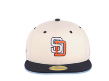 Load image into Gallery viewer, San Diego Padres New Era 59FIFTY 5950 Fitted Cap Hat Cream Crown Navy Blue Visor White/Orange Logo MLB Batterman Batty Side Patch Green UV