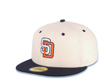 Load image into Gallery viewer, San Diego Padres New Era 59FIFTY 5950 Fitted Cap Hat Cream Crown Navy Blue Visor White/Orange Logo MLB Batterman Batty Side Patch Green UV