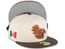 Load image into Gallery viewer, Mexico Aztec New Era 59FIFTY 5950 Fitted Cap Hat Cream Crown Brown Visor Brown Logo Mexico Flag Side Patch Gray UV