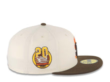 Load image into Gallery viewer, San Diego Padres New Era MLB 59FIFTY 5950 Fitted Cap Hat Cream Crown Brown Visor Brown with Flame Logo 20 Years Petco Park Side Patch