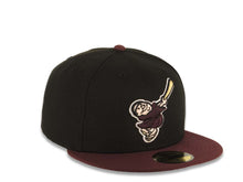 Load image into Gallery viewer, San Diego Padres New Era MLB 59FIFTY 5950 Fitted Cap Hat Black Crown Maroon Visor Maroon/Yellow Swinging Friar Logo Gray UV