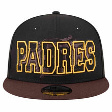 Load image into Gallery viewer, San Diego Padres New Era MLB 9FIFTY 950 Snapback Cap Hat Black Crown Brown Visor Text Logo Splatter