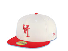 Load image into Gallery viewer, Los Angeles Dodgers New Era MLB 59FIFTY 5950 Fitted Cap Hat Cream Crown Red Visor Red Upside Down Logo 100th Anniversary Side Patch